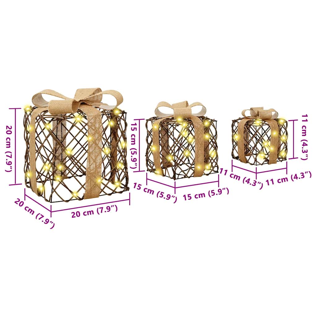 Gift Box with 60 LEDs 3 pcs Warm white 20 x 20 x 20 cm Rattan